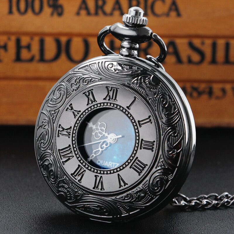 Black Personalized Roman Scale Quartz Pocket Watch Blue Starry Sky Dial Pendant Watch Chain Gift para homens Mulheres Amigos