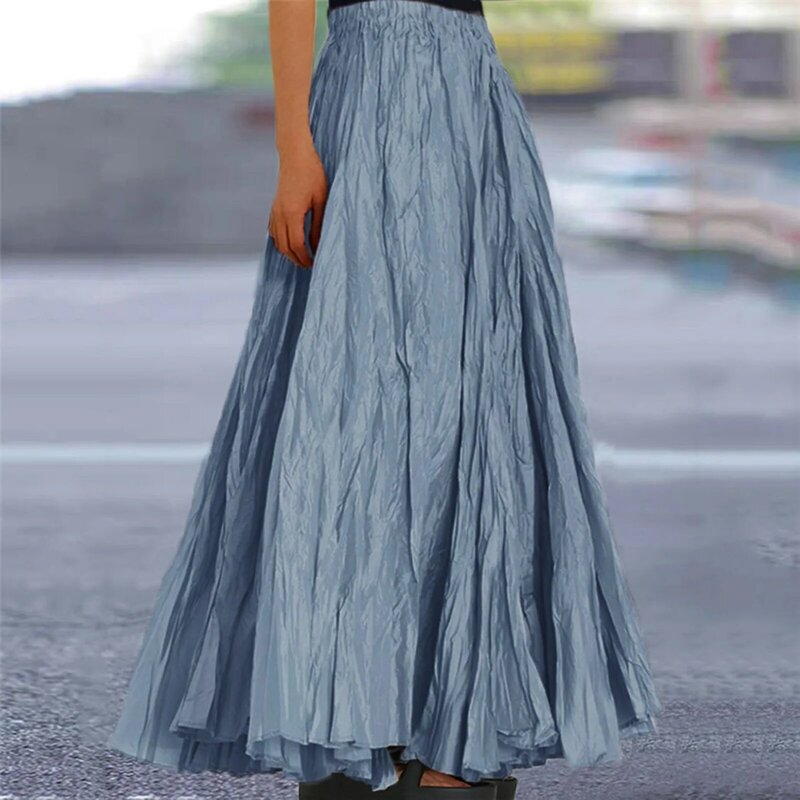 Pleated Skirt For Women Casual High Waisted A-Line Dress Soild Vintage Loose Beach Wrap Maxi Long Skirts Lady's Gentle Style