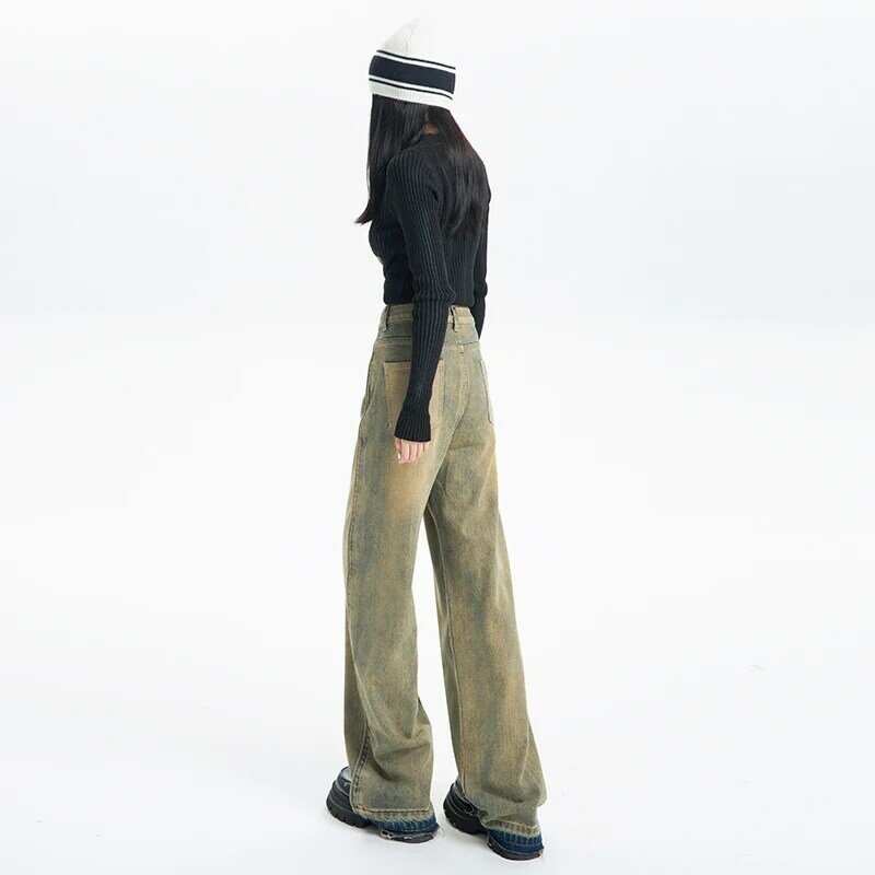กางเกงยีนส์ขากว้างวินเทจของผู้หญิงกางเกงลำลองเอวสูงกางเกงสตรีทแวร์ผ้าเดนิมหลวม Y2K ฤดูใบไม้ร่วง