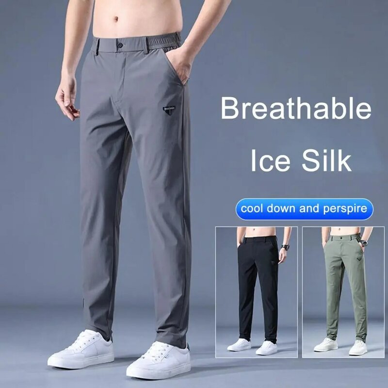 Celana pinggang elastis pria, celana pinggang elastis lurus dengan teknologi cepat kering kain bernapas lembut untuk Kasual