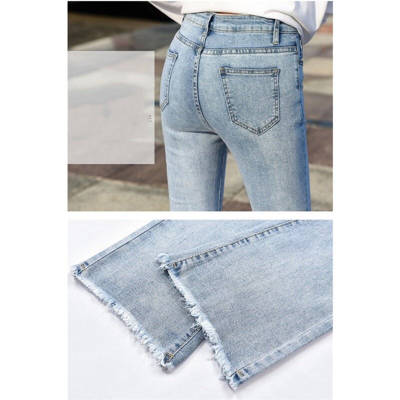 Корейские женские летние узкие джинсы-клеш с высокой талией, повседневные Элегантные джинсовые брюки до щиколотки, милые эластичные джинсовые штаны