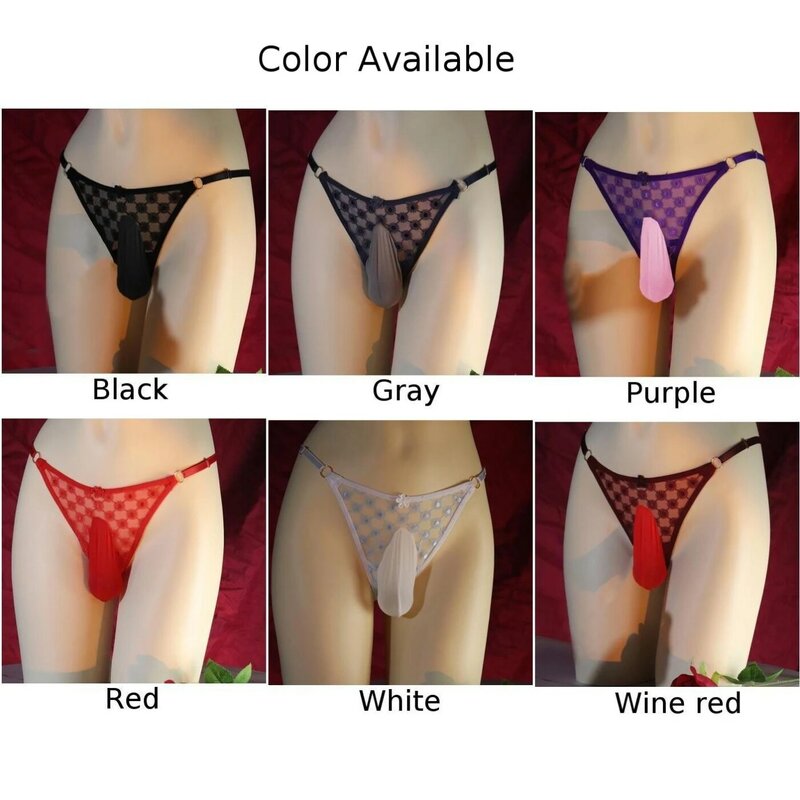 Mens Sissy Lace Bikini Thong Sexy Mesh Lingerie Low Rise T-back G-String Long Sheath Briefs Pouch Panties Erotic Underwear