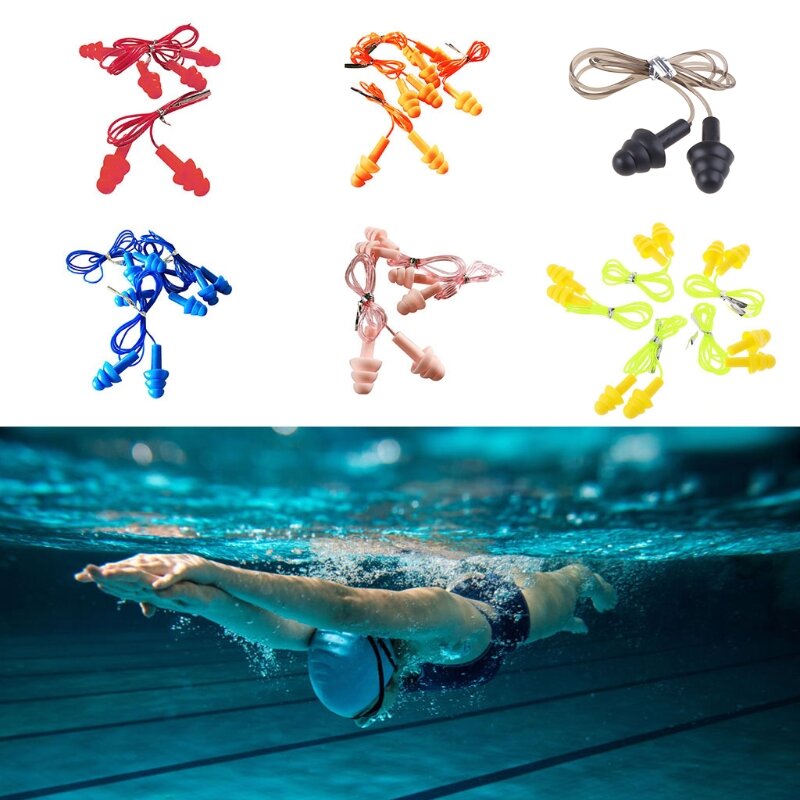 5 Pairs Soft Silicone Cord Swimming Ear Plugs Comfortable Waterproof Noise Cance