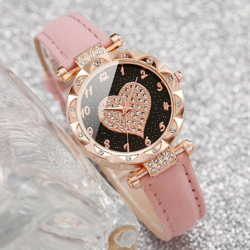 Kegllect-Conjunto relógio de quartzo para mulheres, acessórios strass em forma de coração, presente para mãe e ela, 5 unid