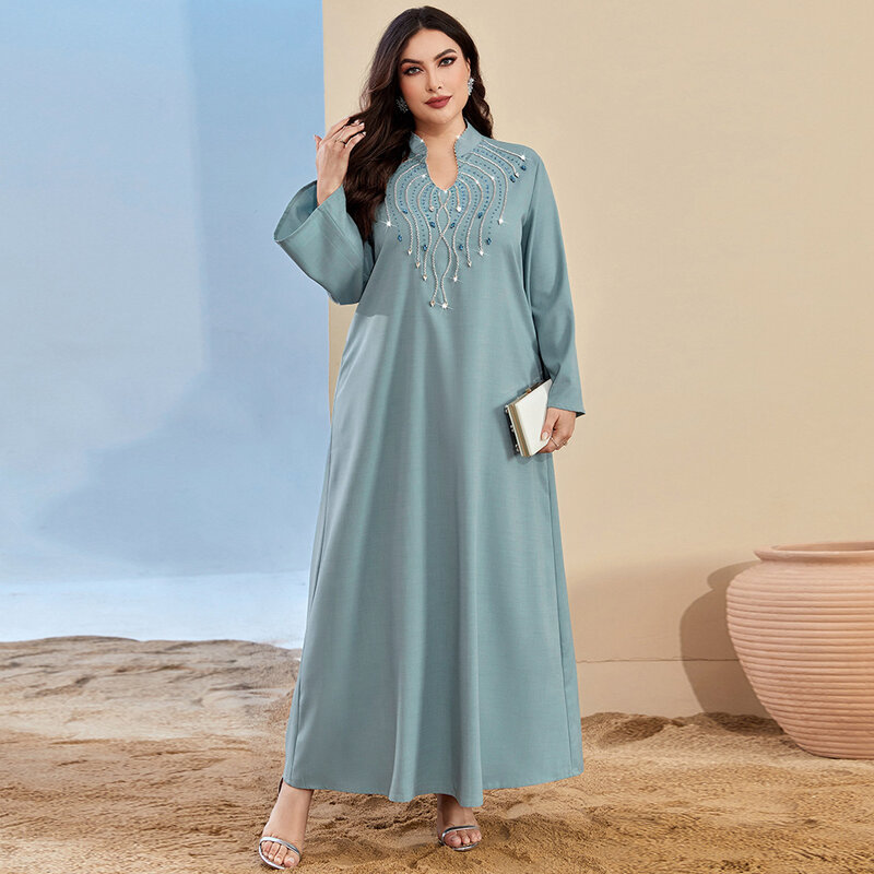 Hand Seam Drill Arabia Muslim Dress Women Abaya Elegant Dubai Turkey Islamic Clothing Caftan Saudi Muslim Long Sleeve Robe Dress