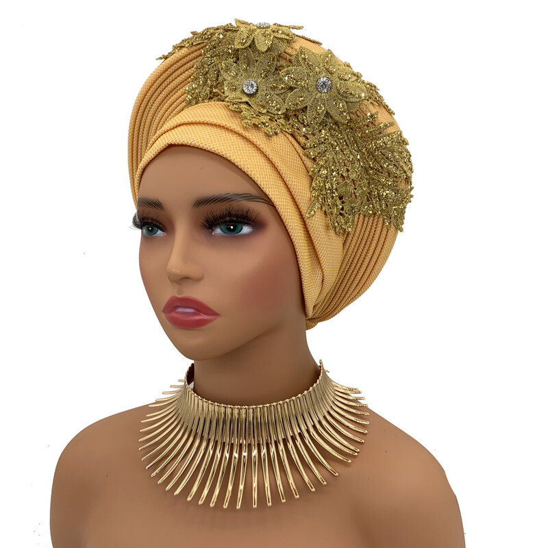 Женский тюрбан в африканском стиле, Элегантная кепка в нигерийском стиле, свадебный аксессуар для защиты головы с вышивкой, кружевной головной убор