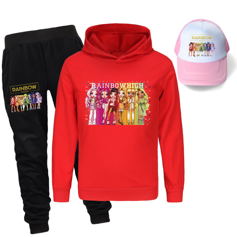 Rainbow High Boys Girls tuta bambini felpa con cappuccio a maniche lunghe + pantaloni Set primavera autunno abbigliamento per bambini completi per neonati abiti sportivi + berretto