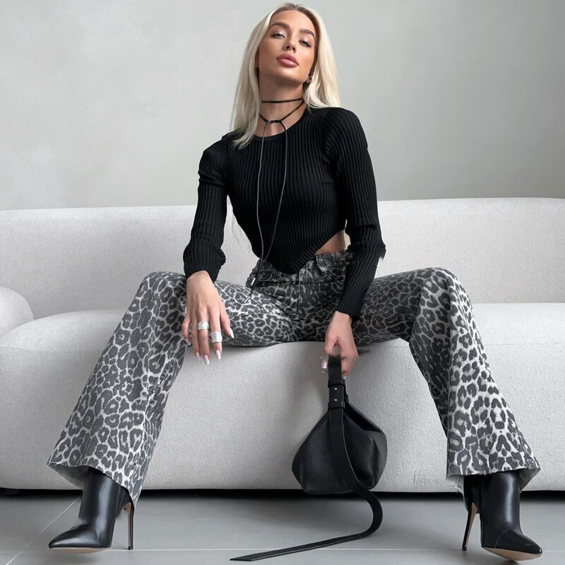 HOUZHOU Leopard Jeans donna pantaloni in Denim pantaloni femminili Streetwear Hip Hop abbigliamento Vintage allentato Casual