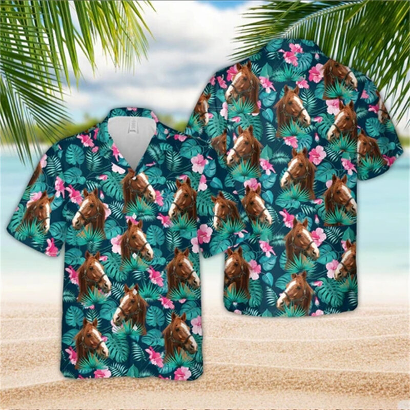 남성용 재미있는 동물 소 3D 프린트 비치 셔츠, 반팔 곰 라펠 블라우스, 하와이 소년 단추 상의, 남성 의류