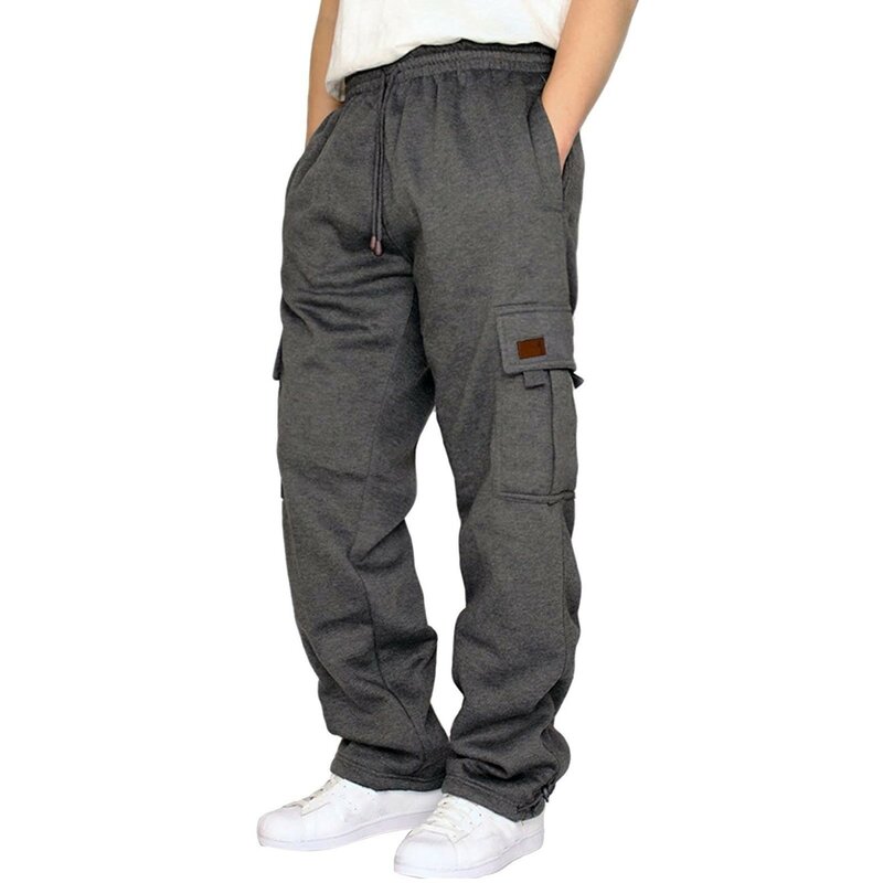 Wide Leg Cotton Pants Male Fitness Running Trousers Drawstring Loose Waist Solid Color Pocket Loose Fleece Sweatpants Soports