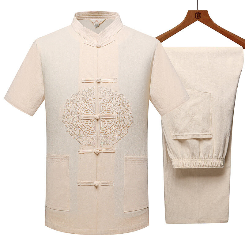 Costume Tang rétro brodé Style chinois pour hommes, ensemble Kung Fu Tai Chi, vêtements ethniques décontractés à manches courtes, en coton et en lin