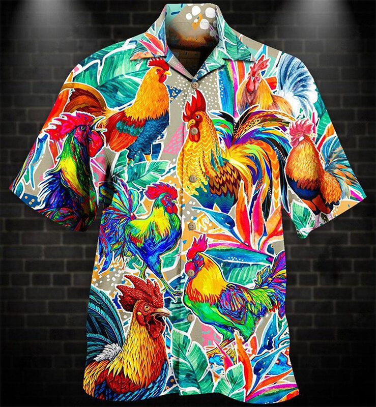Zomer Mode Heren Hawaiiaanse Shirts Korte Mouw Knoop Grappige Kip Bedrukt Casual Strand Aloha Shirt Plus Size 6xl Hombre Ropa