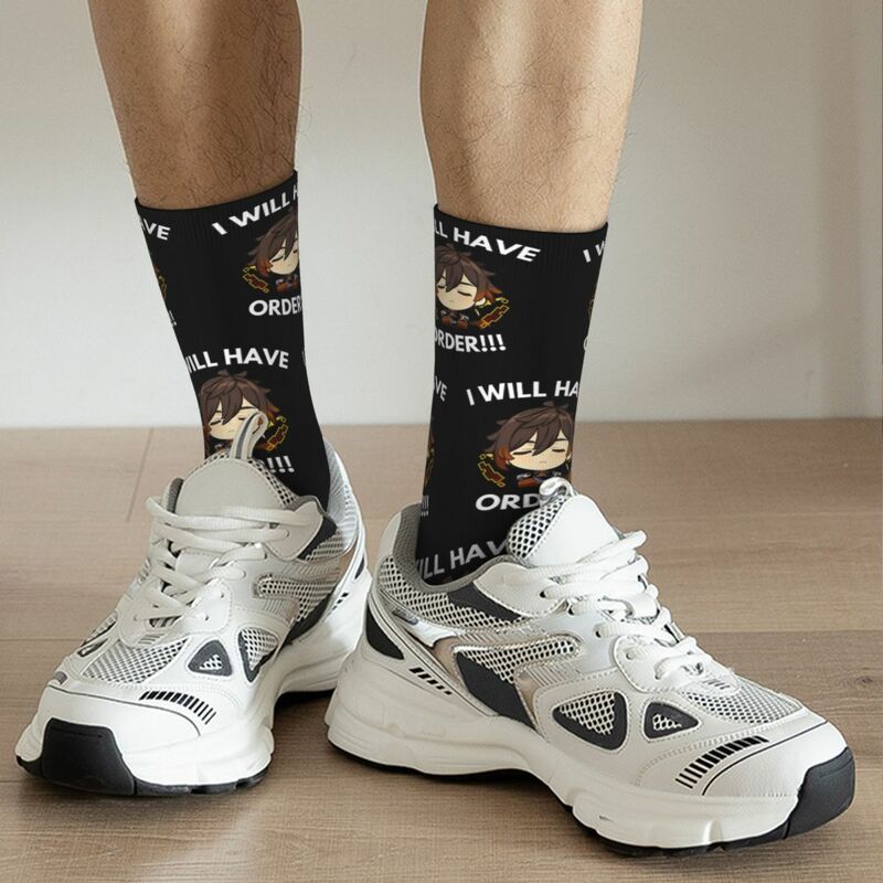 Zhongli-Genshin Impact Game Socks para homens e mulheres, meias aconchegantes, acessórios confortáveis, presentes maravilhosos, eu terei pedido