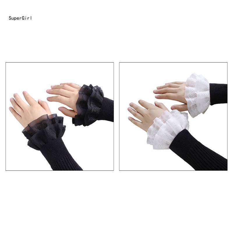 Women Sweet Fake Sleeves Double Layer Lace Flared Cuffs Wrist Warmers