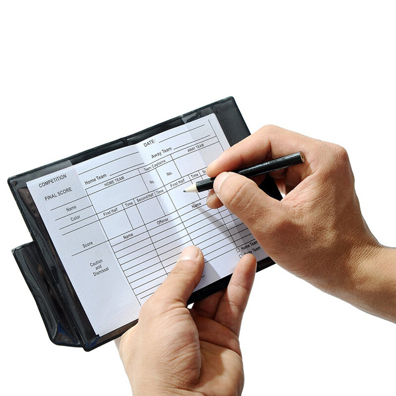 Libro de registro de árbitro de fútbol, tarjetas rojas y amarillas fluorescentes con billetera de cuero y papel de grabación de lápiz, equipo de fútbol
