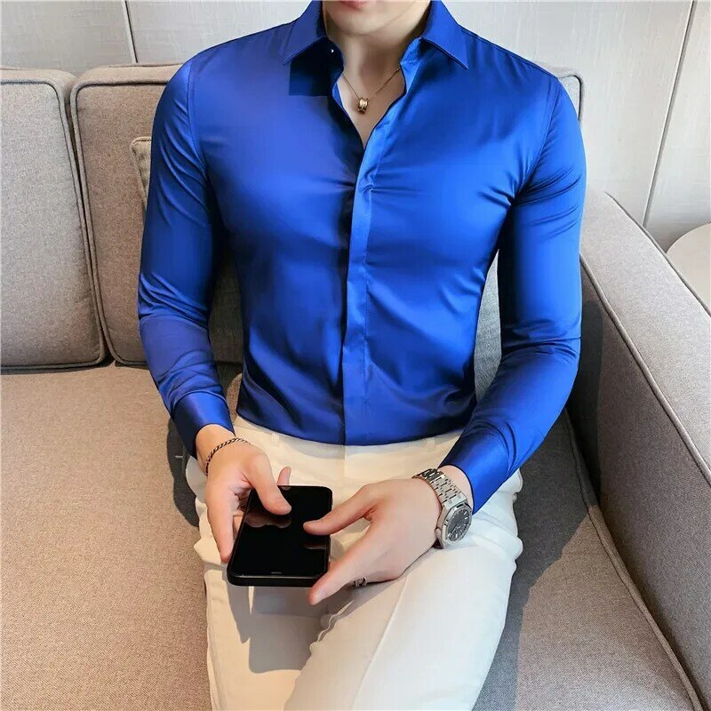 Camisas de manga comprida de alta elasticidade masculina, camisa formal, slim fit, monocromática, roupa de negócios, moda casual, outono, 2022