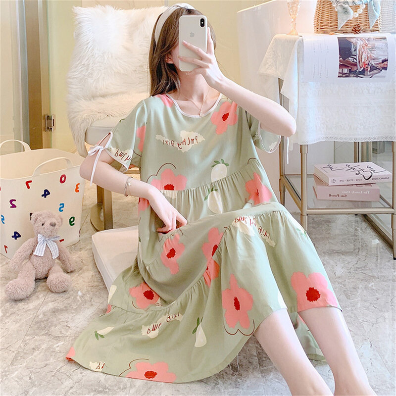 Thin Loose Short Sleeve Nightdress Floral Printing Nightgown Girls' Large Size Breathable Viscose Sleepwear Women Sweet Homewear