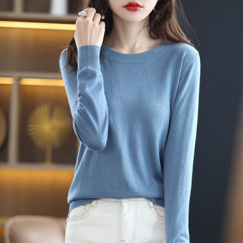 Feminino 2022 primavera outono nova versão coreana emagrecimento 100% lã pura camisola solta em torno do pescoço de fundo longo sleev espessamento
