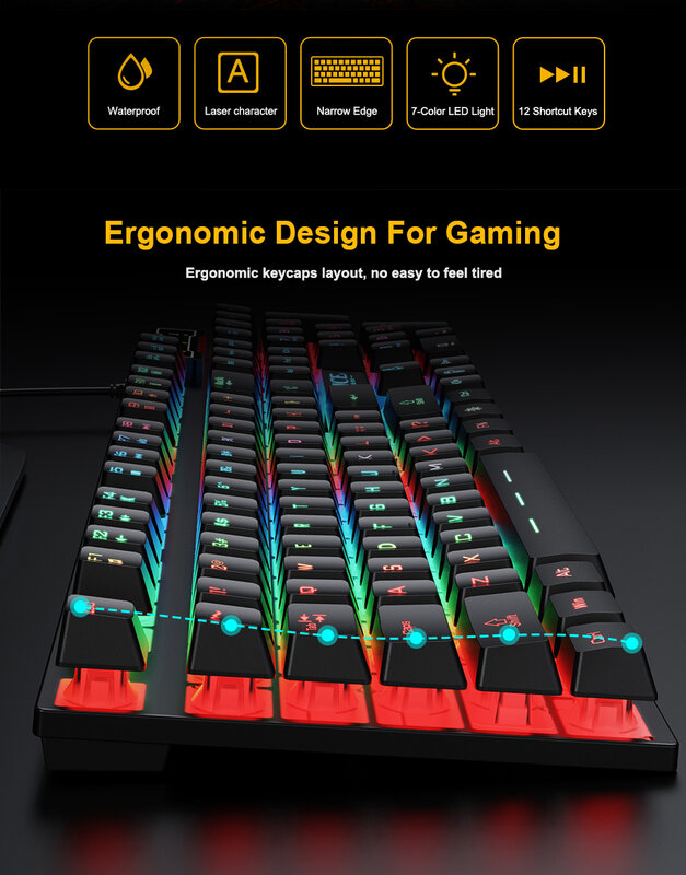 Teclado ergonómico para gaming con retroiluminación USB, teclas de goma RGB con cable compatible con PC y ordenador portátil, ruso, 104 teclas