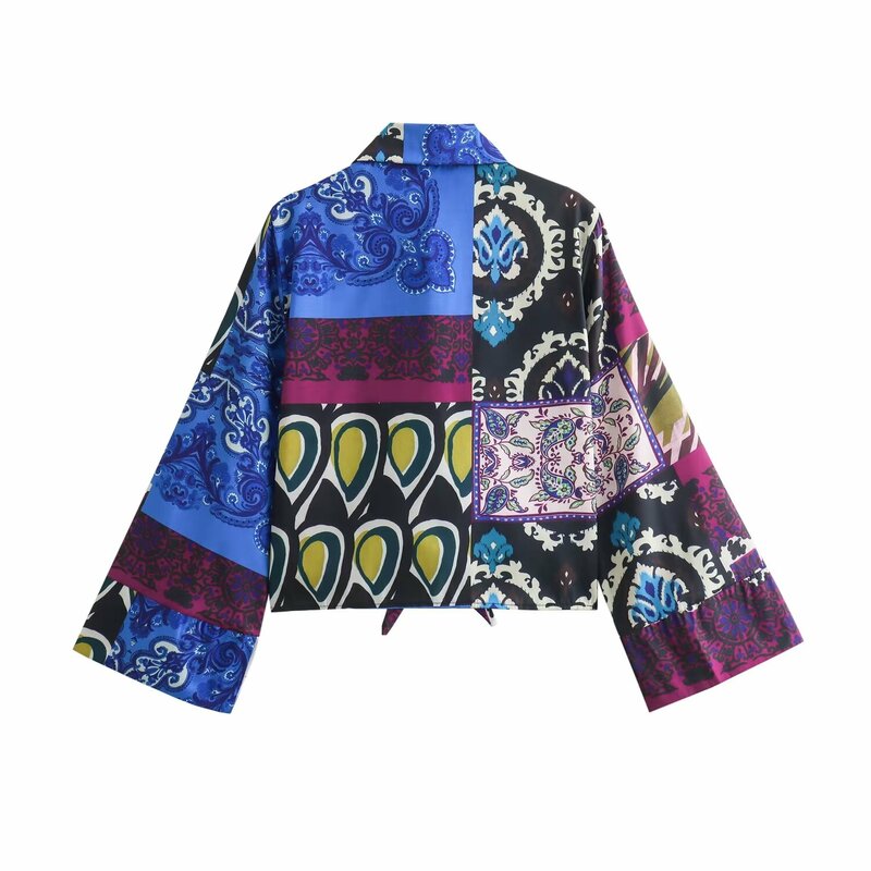 Camisa feminina de manga comprida estampada com elástico na cintura, blusa retrô, moda, temperamento, 2024