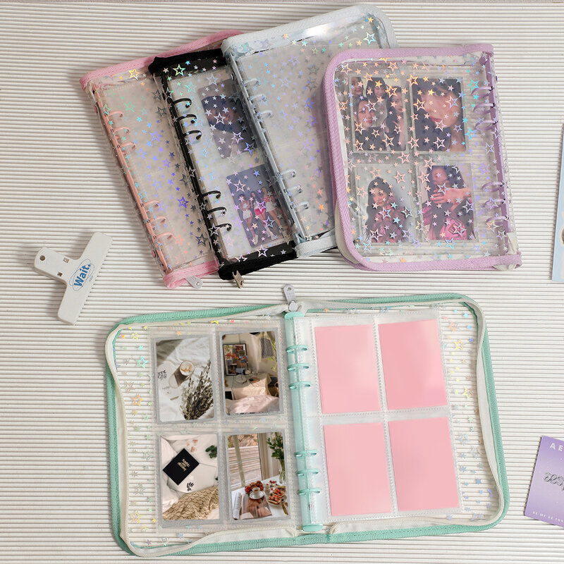 A5 Zipper Binder Cover Glitter Transparent Loose Leaf Diary-Bullet Organizer Case PVC Photo Card Holder Stationery Supplies