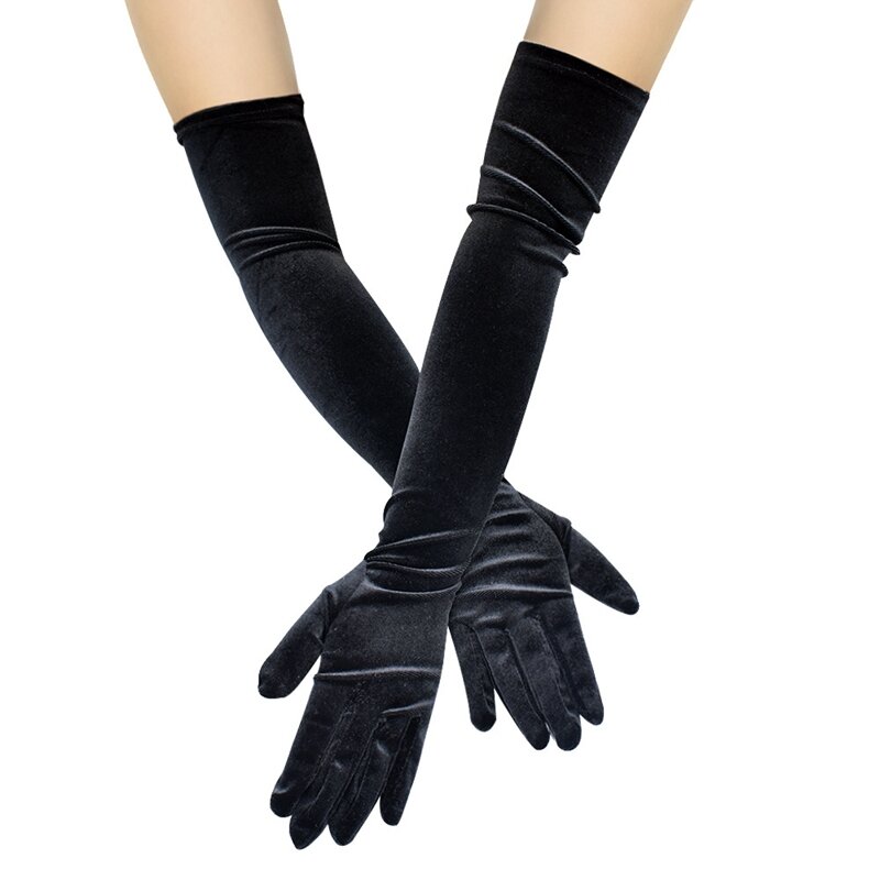 Guantes largos elásticos de terciopelo para mujer, guantes de etiqueta para vestido de noche, color negro clásico, a la moda, para adultos, 1 par