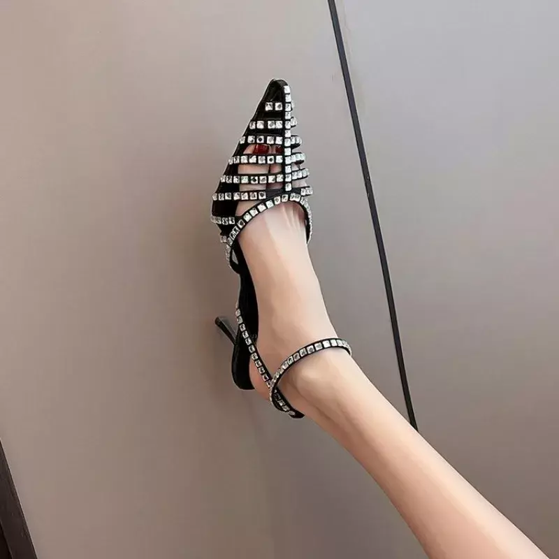 2024 Summer Rhinestone Pointed Toe Hollow Crystal Women Shoes Fashion Women Leather Pumps Wedding Bridal High Heeled Shoes