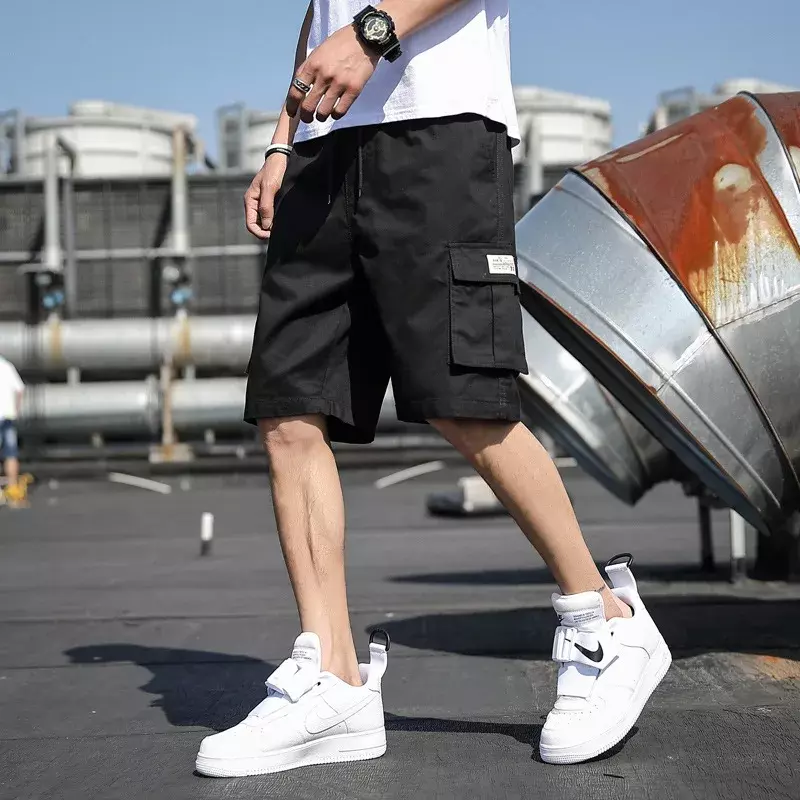 Мужские свободные шорты-карго, повседневные модные однотонные шорты в корейском винтажном стиле с карманами, универсальная модель Y2K, лето 2023