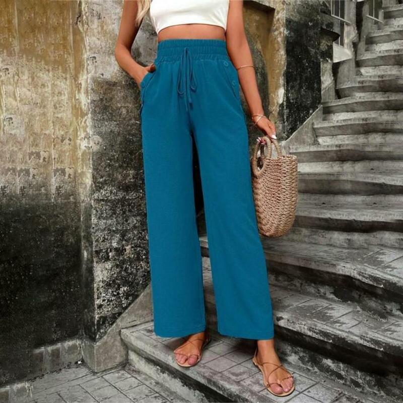 Women Casual Loose-fit Pants Stylish Women's Drawstring High Waist Pants for Summer Streetwear Casual Wide Leg Trousers in Solid
