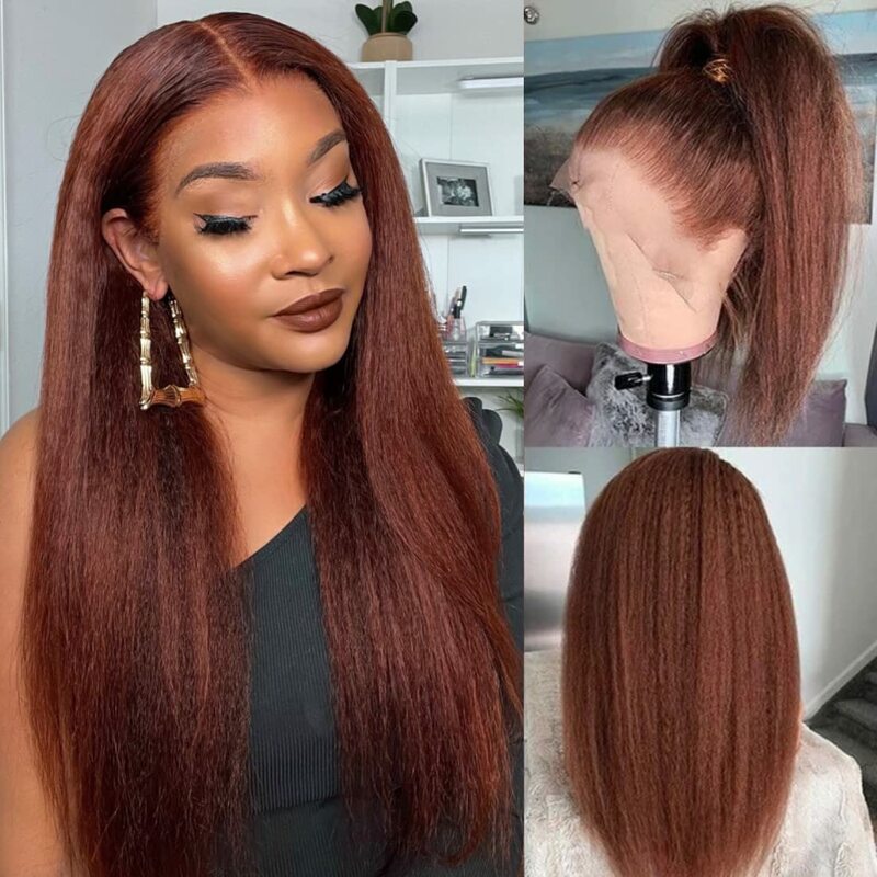 Reddish Brown Kinky Straight Human Hair Wigs Pre Plucked 13x4 13X6 HD Transparent Lace Frontal Wig 4x4 Glueless Lace Closure Wig