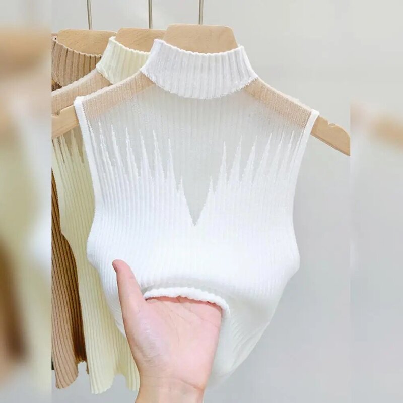 Women Top Knitted Elastic Mesh Patchwork Half-high Collar Sleevelss Pullover Lady Summer Tank Top Slim Knitted Vest Y2K-style