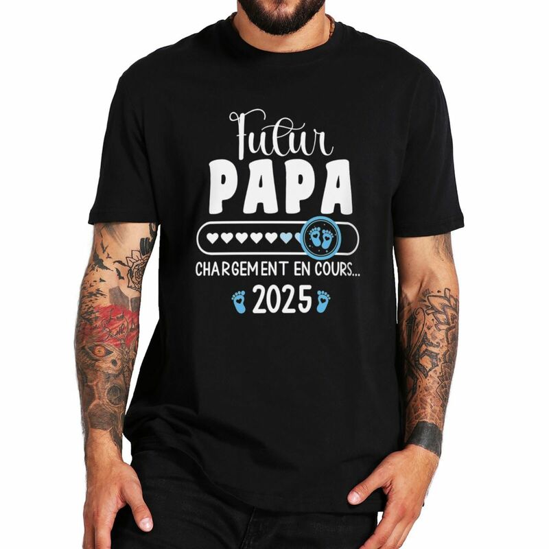 Kaus teks Prancis Humor Hari Ayah Pria baju pria kasual leher-o 2025 katun lembut ukuran UE
