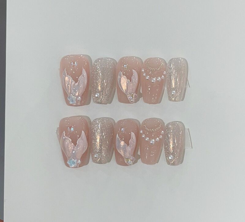 10Pcs Coffin Handmade Press On Nails Full Cover Mermaid Design Pearl Flower Gradient False Nails Wearable Manicure Nail Tips Art