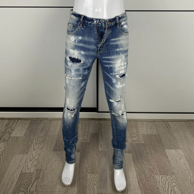 Jeans da uomo di moda di strada retrò blu lavato elasticizzato Slim Fit Jeans strappati con patch da uomo pantaloni di marca Hip Hop firmati dipinti Hombre