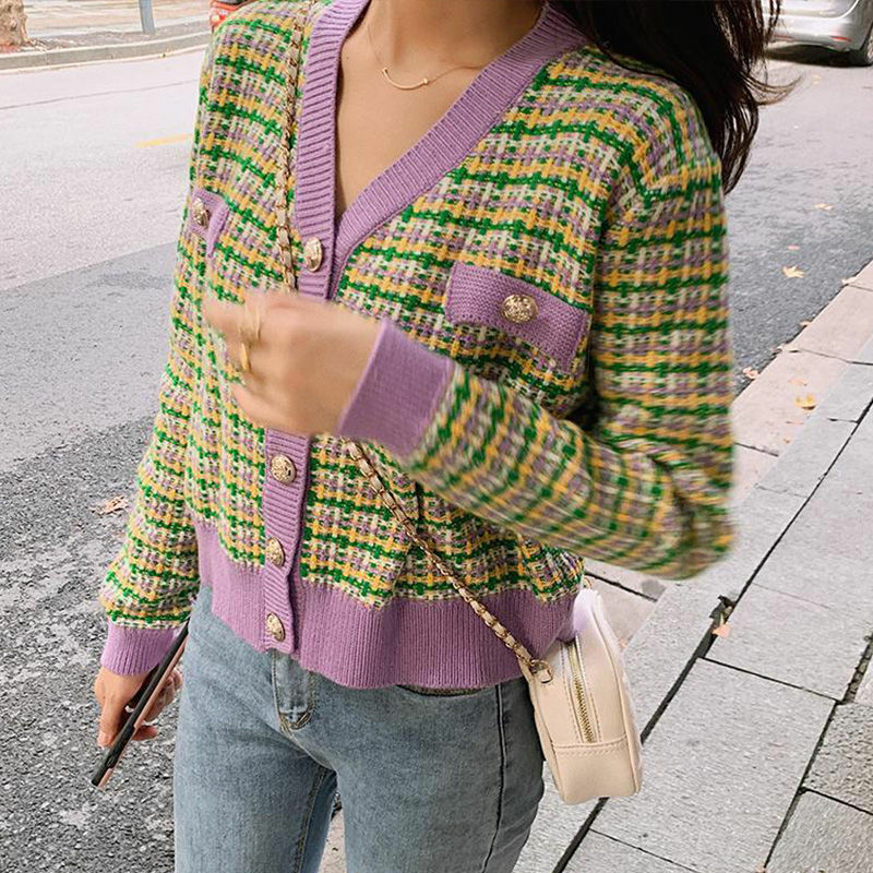 Women's Vintage Plaid Patchwork Chic Button Outewear Knitted Cardigan Autumn Winter Trendy V Neck Long Sleeve Sweet Sweater Coat
