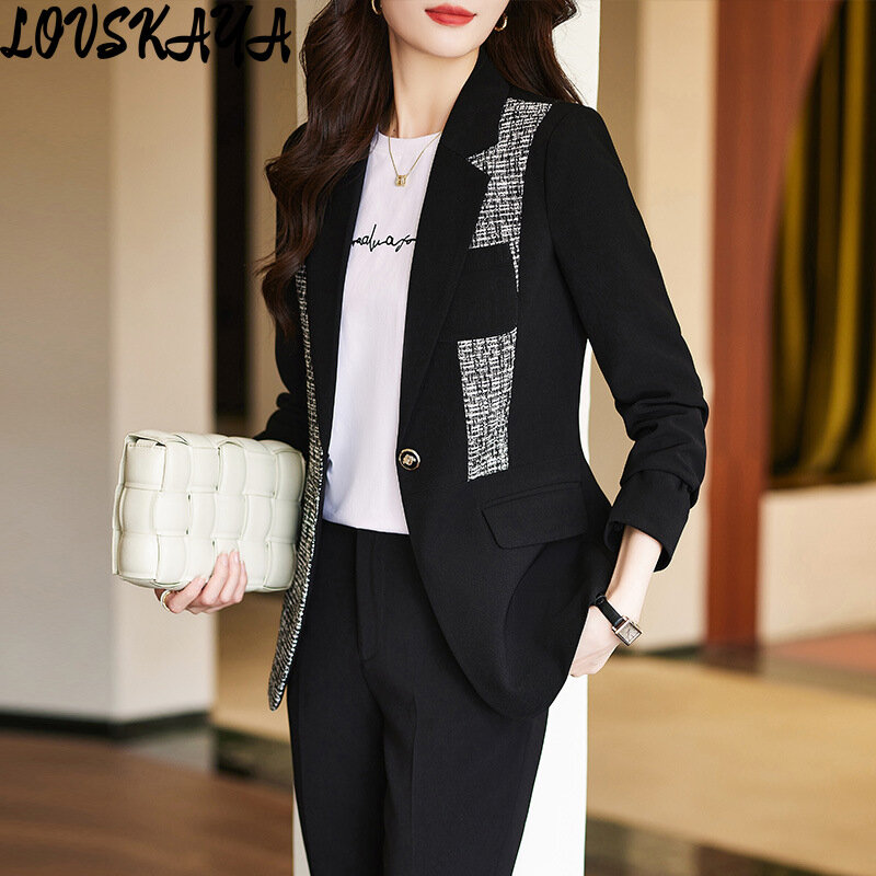 Terno preto feminino, roupa de trabalho com temperamento profissional, jaqueta pequena, estilo novo, primavera e outono