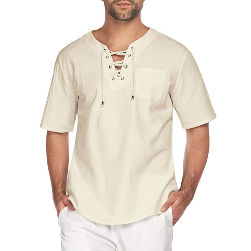 Pakaian kaus lengan pendek pria kaus musim panas warna Solid lembut atasan kaus ketat pantai blus tunik leher V sejuk