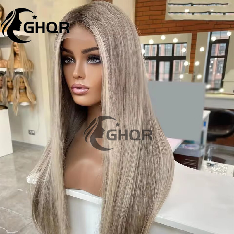 Human Hair Lace Frontal Wig brown Roots Highlight Ash Blonde  13x4 Lace Front Wigs Preplucked Straight Transparent Swiss Lace Co