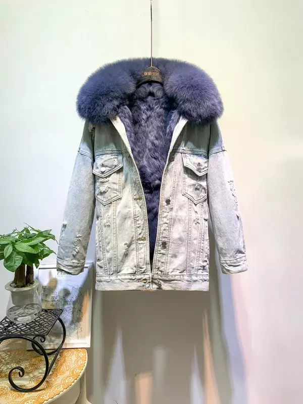Mid-Length Big Fur Collar Long-Sleeved Denim Jacket for Women 2023 Autumn and Winter New Fleece-Lined Thickened Loose Fur Jacket