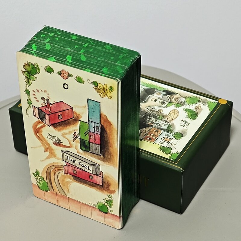 Baraja de Tarot de la carcasa, 12x7cm, 78 piezas, cartas de Tarot diarias impresas en cartulina de 350GSM empaquetadas en caja rígida con bordes dorados verdes