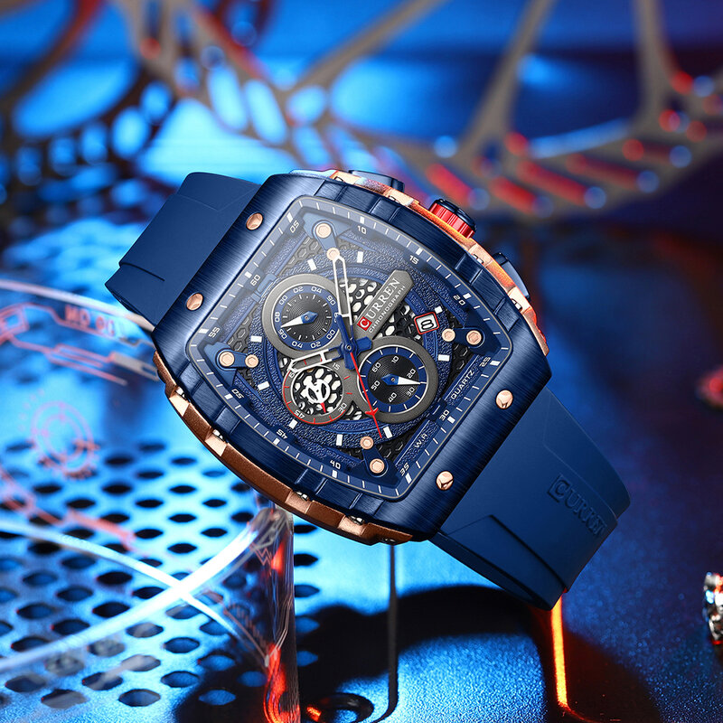 CURREN 스포츠 독특한 직사각형 시계, 대형 다이얼, 캐주얼 쿼츠 실리콘 밴드 손목시계, 자동 날짜