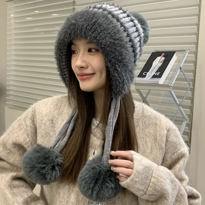 Winter Hairball Woolen Hat Wool Soft Warm Knitted Ear Protection Hat Fluffy Windproof Plush Bucket Hat Women