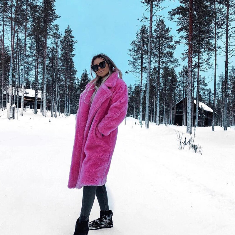 2022 zima zagęścić ciepłe Faux futro pluszowy płaszcz kobiety moda Basic z owczej wełny obszerna kurtka płaszcze ulicy puszyste długi płaszcz
