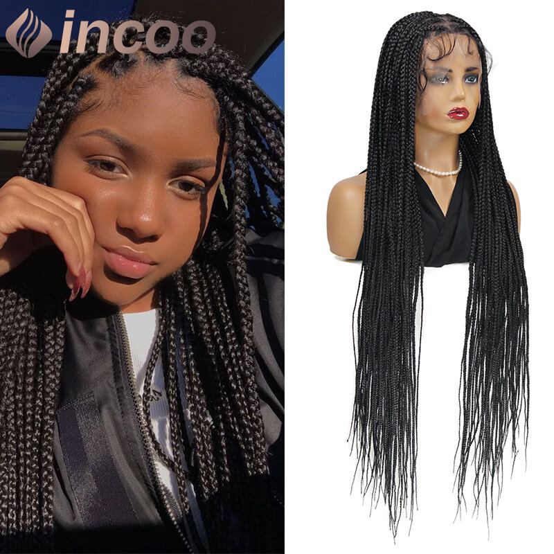 INCOO Box Braid Lace Frontal Wigs for Women 36 Inch Full Lace Knotless Random Part Braided Wig Synthetic Cornrow Lace Braids Wig