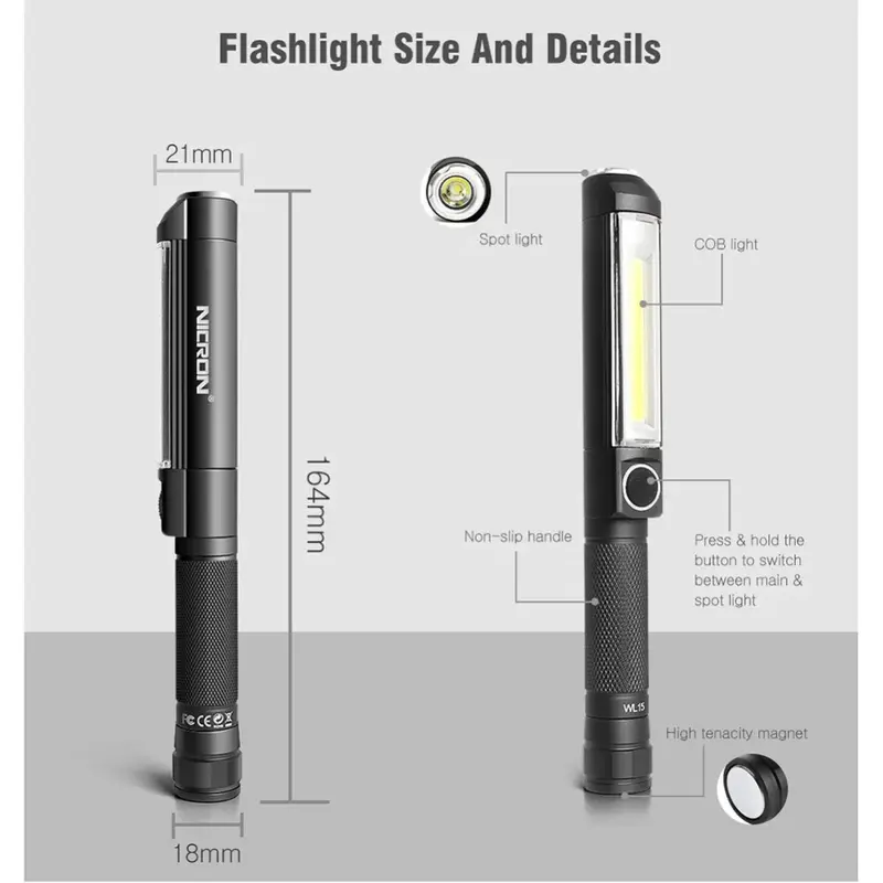 NICRON Aluminium Slim Work Light IPX4 Waterproof Spot / COB LED Flashlight 500LM Strong Magnet 3*AAA Battery For Maintenance etc