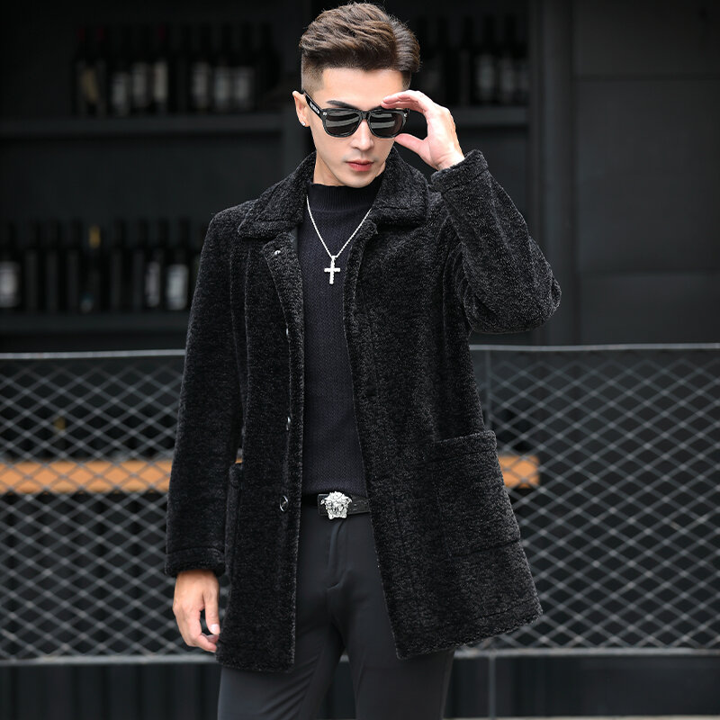 2023 Men Autumn Winter New Fashion Genuine Lamb Fur Jackets Male Long Solid Color Outerwear Men Real Wool Fur Warm Coats U52