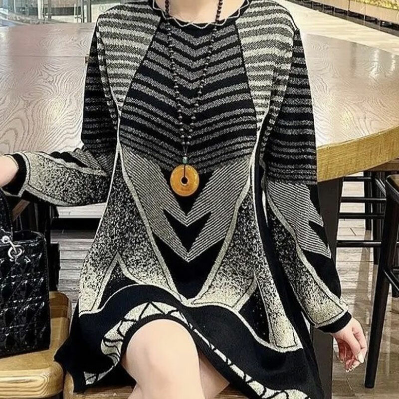 캐주얼 기하학 패션 밝은 실크 스웨터, 가을 겨울 긴팔 여성 의류, 라운드 넥, 한국 미디 니트 점퍼
