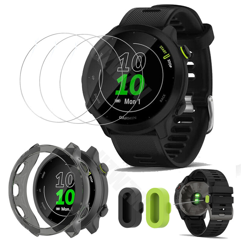 (3+2+1) For Garmin Forerunner 55 (3pcs) Screen Protector Tempered Glass & (2pcs) Dust Plug & (1pcs) Protective Case Cover