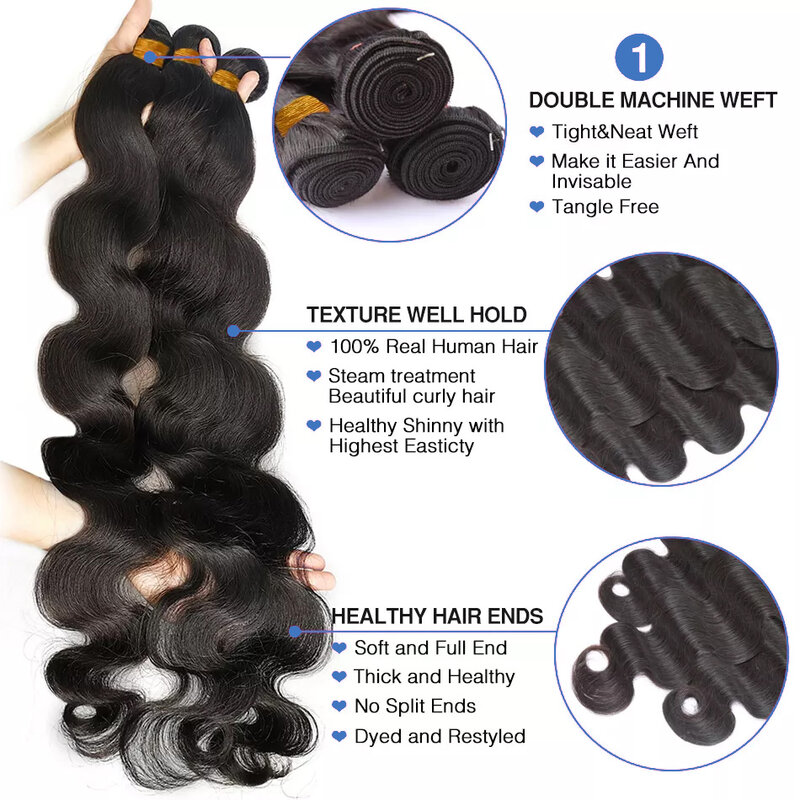 Bundles de cheveux humains Body Wave pour femmes, dentelle transparente 13x4, tissage brésilien, extensions, 3 faisceaux