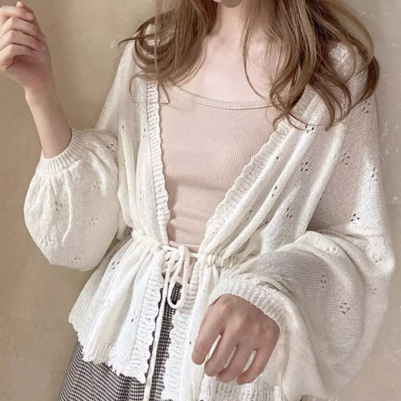 Cardigã de malha feminino solto com renda, suéter vintage, menina doce, manga batwing, proteção solar, estilo coreano, casaco casual sólido